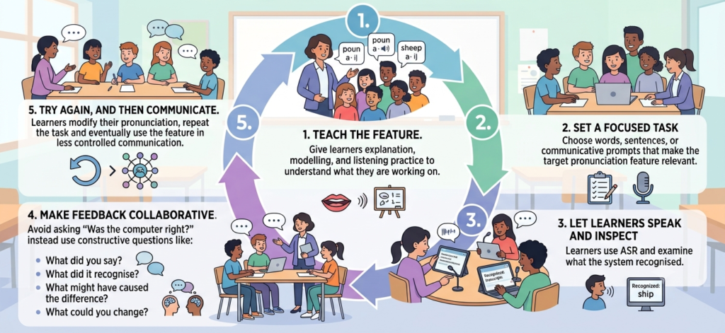 A visual representatrion of a simple classroom cycle for ASR-supported pronunciation practice